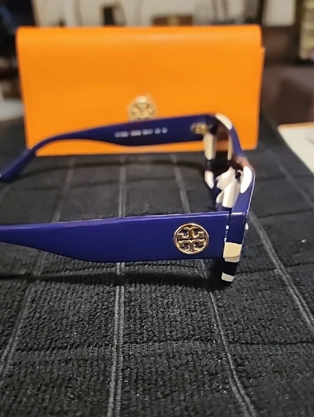 Tory Burch Blue and White Striped Sunglasses with Orange Case